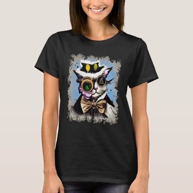 Creepy Illuminati Cat Cyborg Monocle Steam Cat Pun T-Shirt (Front)