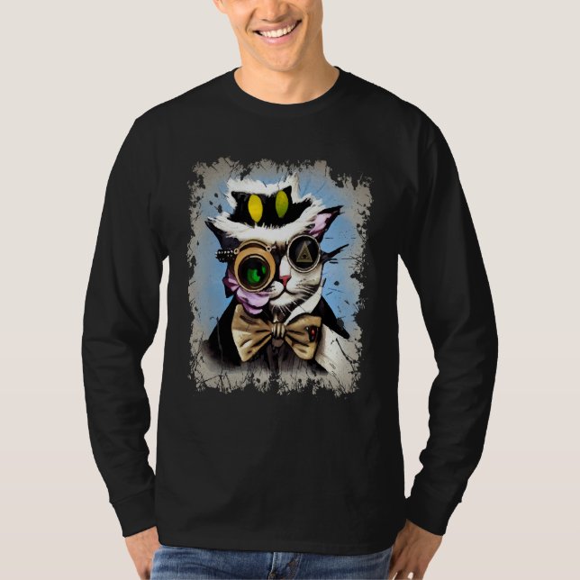 Creepy Illuminati Cat Cyborg Monocle Steam Cat Pun T-Shirt (Front)