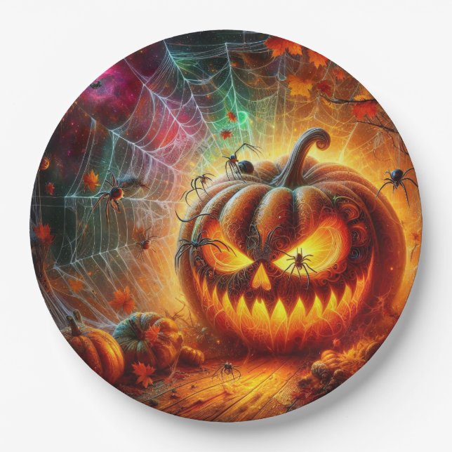 Creepy Jack-o-lantern and Spiders  Paper Plates (Front)