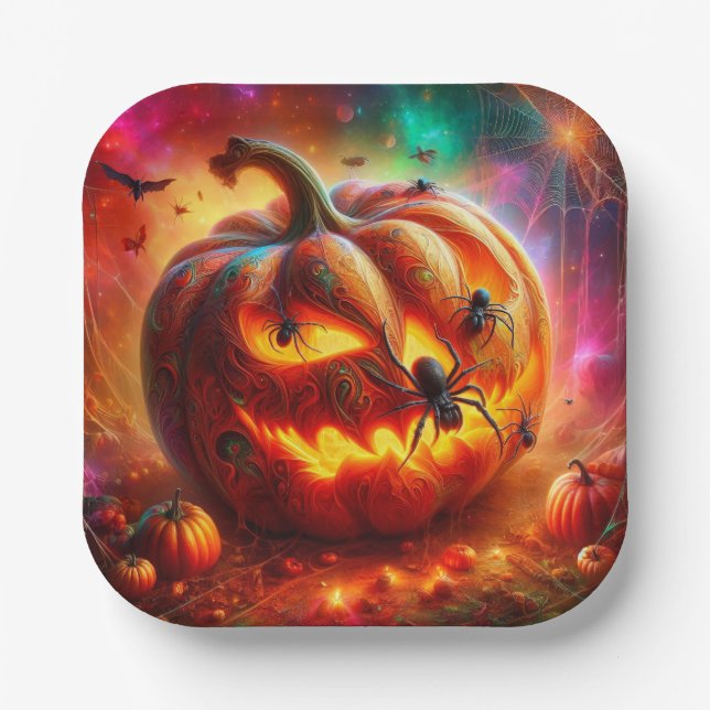 Creepy Jack-o-lantern and Spiders  Paper Plates (Front)