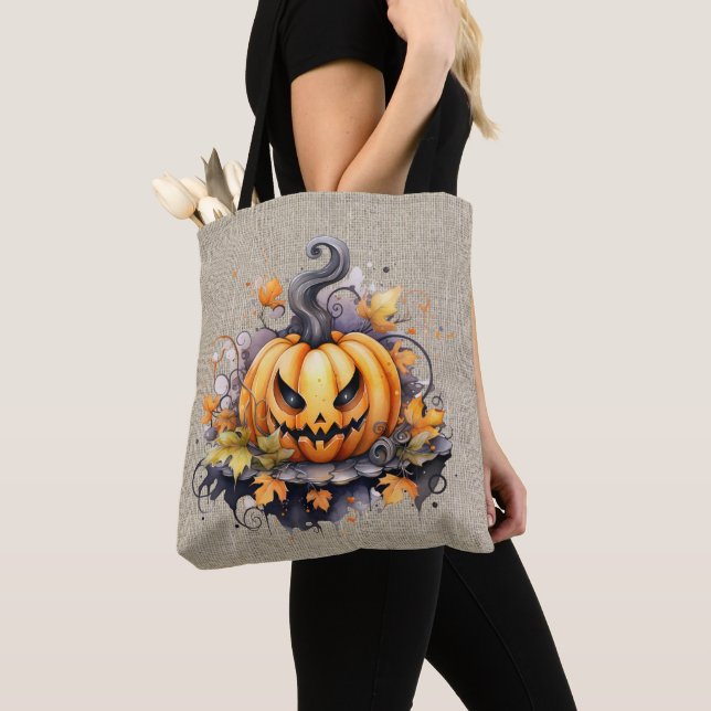 Creepy Jack-O' Lantern Burlap Halloween Tote Bag (Close Up)