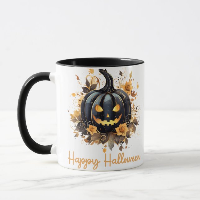 Creepy Jack-O' Lantern Floral Happy Halloween Mug (Left)