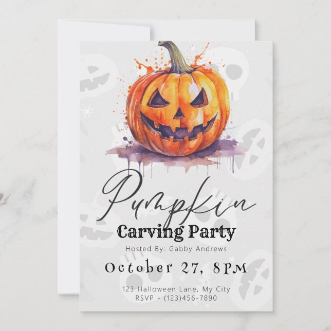 Creepy Jack-O' Lantern Gray Pumpkin Carving Party Invitation (Front)