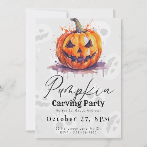 Creepy Jack_O Lantern Gray Pumpkin Carving Party Invitation
