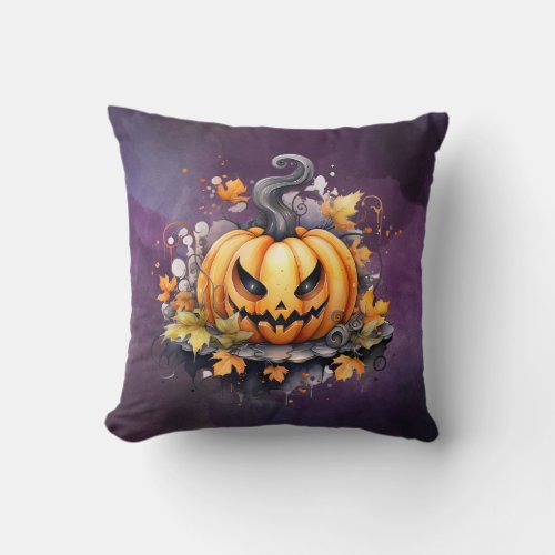 Creepy Jack_O Lantern Watercolor Purple Halloween Throw Pillow
