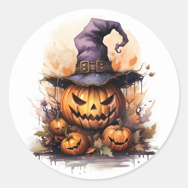 Creepy Jack-O-Lantern with Witches Hat Classic Round Sticker (Front)