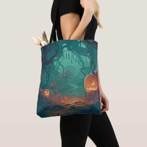 Creepy Jack_O Lanterns in the Forest Halloween Tote Bag