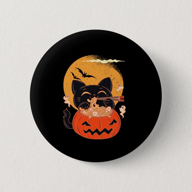 Creepy Kawaii Cat Eating Worms Ramen Noodles Hallo Button (Front)