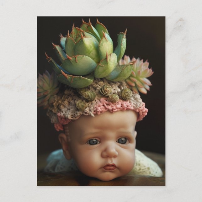 Creepy Lifelike Doll Succulent Garden Postcard (Front)