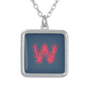Creepy Monogram Clashing Red on Blue Silver Plated Necklace