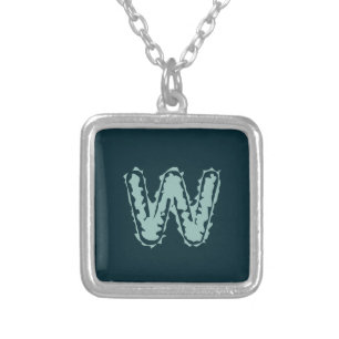 Creepy Monogram Mint Green on Deep Blue Silver Plated Necklace