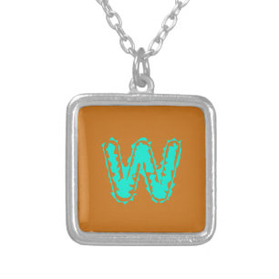 Creepy Monogram Toxic Green on Orange Silver Plated Necklace