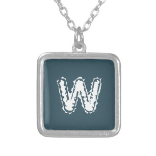 Creepy Monogram White on Blue Silver Plated Necklace