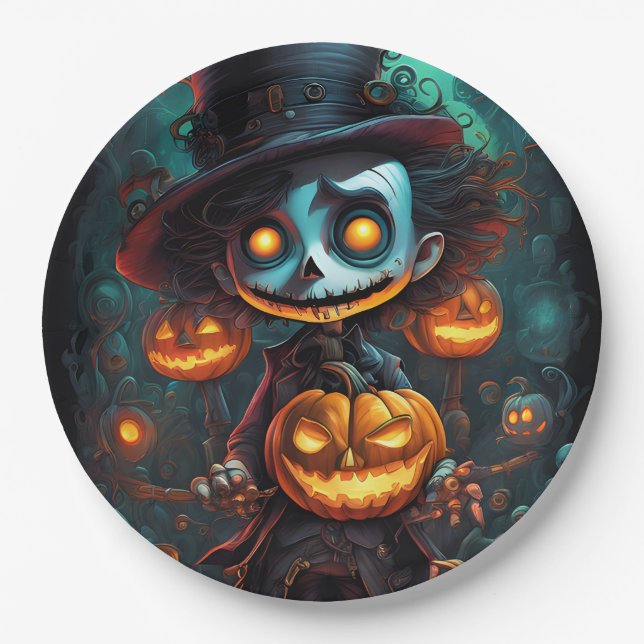 Creepy Monster and Jack-O-Lanterns  Paper Plates (Front)