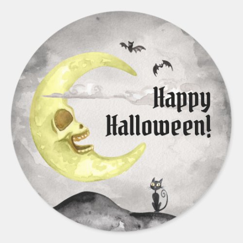 Creepy Moon Bats  Black Cat Happy Halloween Classic Round Sticker