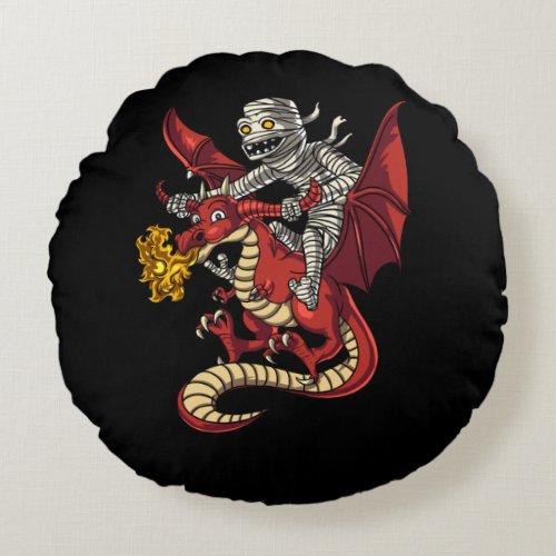 Creepy Mummy Riding Magical Dragon Halloween Round Pillow