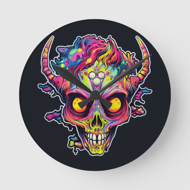 Creepy neon skull demon round clock (Front)