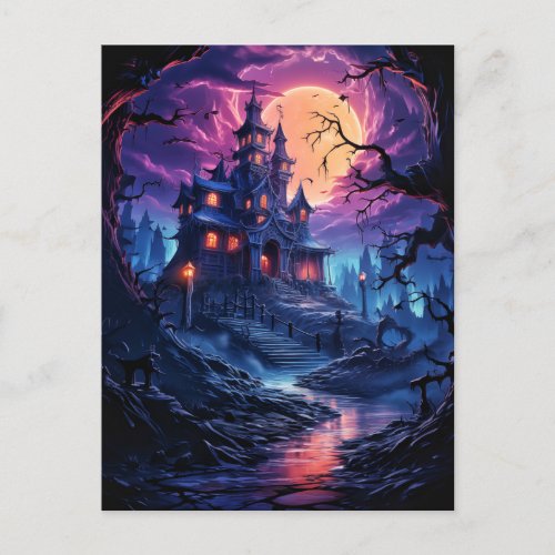 Creepy Old Mansion After Dark Happy Halloween Postcard