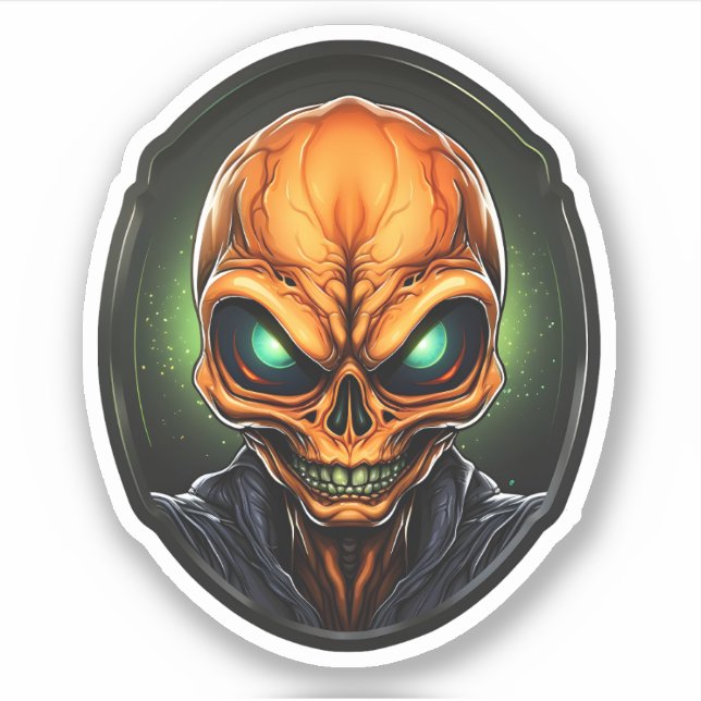 Creepy Orange Alien Face Cartoon Alien Portrait Sticker (Front)