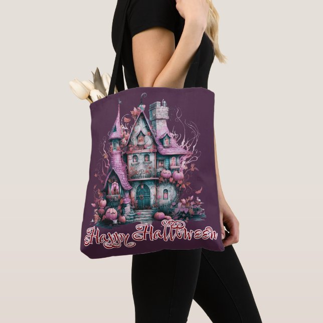 Creepy Pink and Gray Haunted House Happy Halloween Tote Bag (Close Up)
