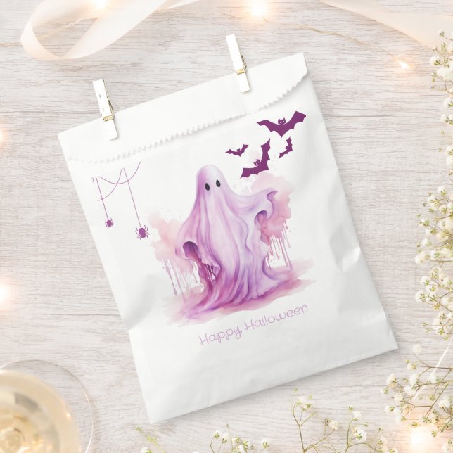 Creepy Pink Ghost Bats Spiders Happy Halloween Favor Bag (Clipped)