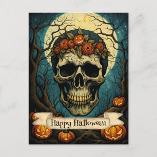 Creepy Pumpkin Floral Skull Halloween Postcard