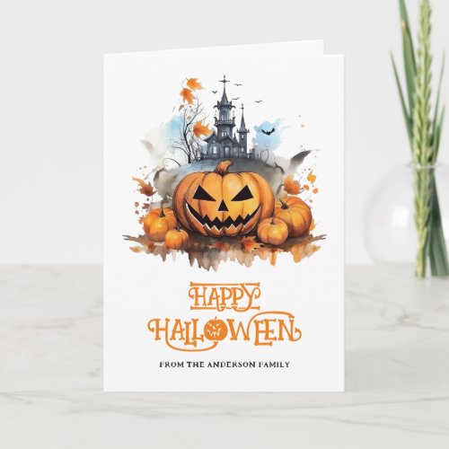 Creepy Pumpkin Haunted House Bats Photo Halloween Card