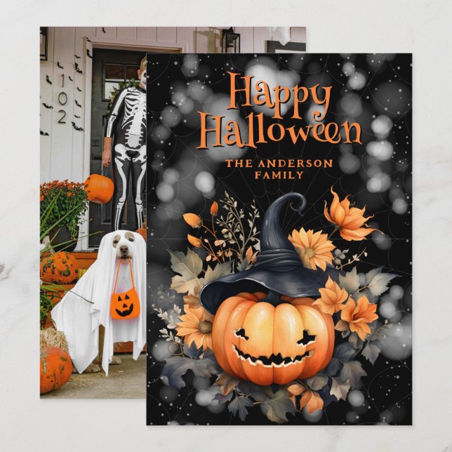 Creepy Pumpkin In A Hat Photo Happy Halloween Card (Front/Back)