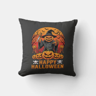 Creepy Pumpkin Witch Happy Halloween Vector Design Throw Pillow