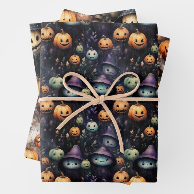 CREEPY PUMPKINS GHOSTS AND GHOULS HALLOWEEN WRAPPING PAPER SHEETS (In situ)