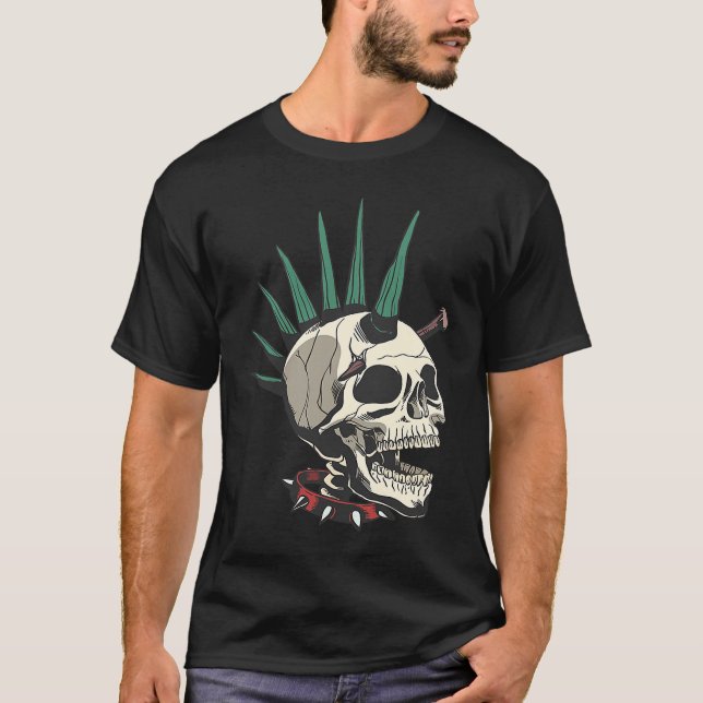 Creepy Punk Skeleton With Stake In Skull T-Shirt (Front)