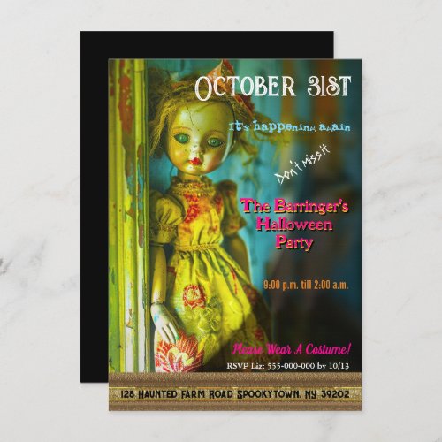 Creepy Puppet Dolly Halloween Costume Annual Party Invitation