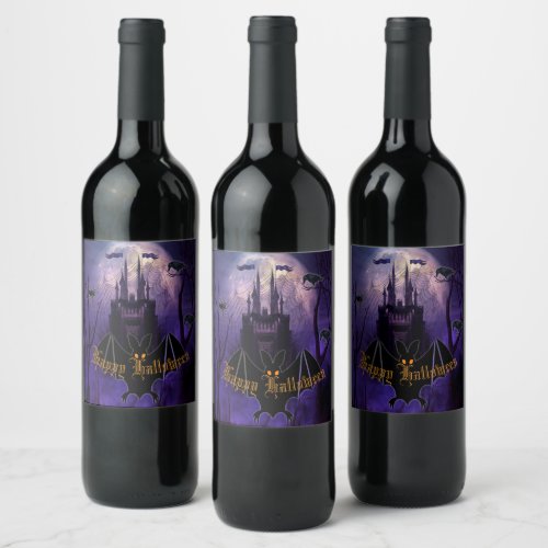 Creepy Purple Haunted Castle Halloween Wine Label