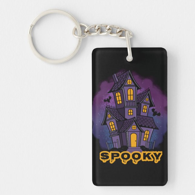 Creepy Purple Mansion Spooky Haunted House Keychain (Front)
