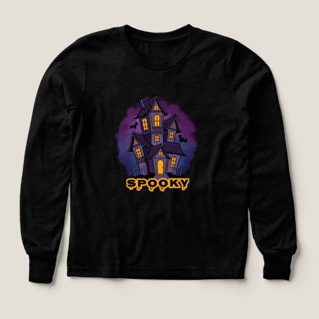 Creepy Purple Mansion Spooky Haunted House Tri-Blend Shirts (Design Front)