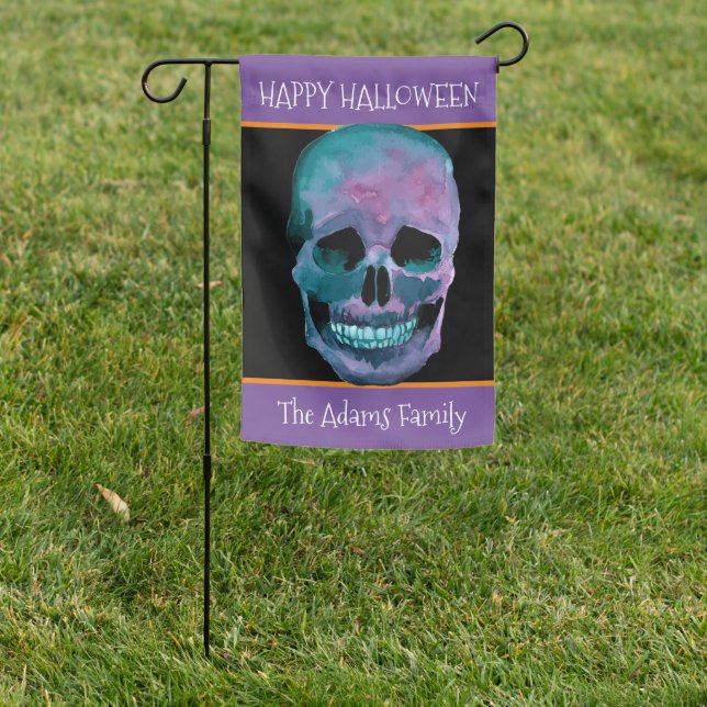 Creepy Purple Skull  Orange & Black Halloween Garden Flag (In SItu)