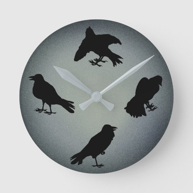 Creepy Raven Silhouettes Gray Halloween Round Clock (Front)