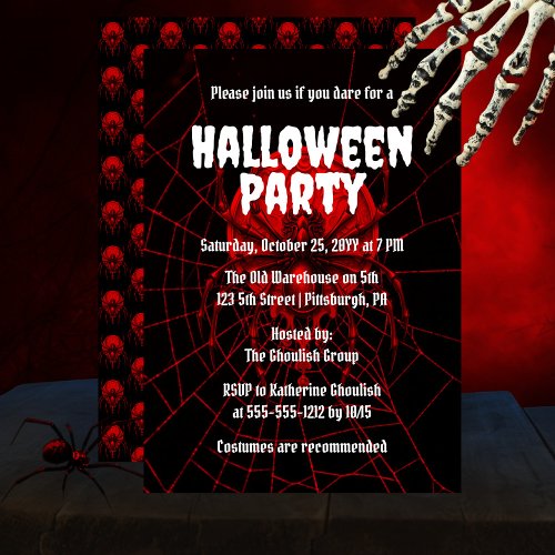 Creepy Red  Black Widow Spider Halloween Party Invitation
