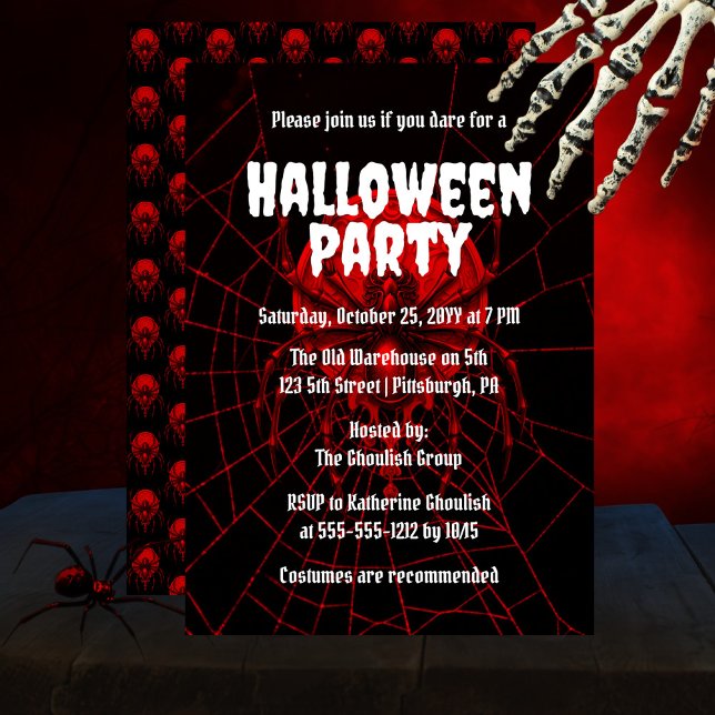 Creepy Red | Black Widow Spider Halloween Party Invitation (Creepy, spooky and scary glowing red black widow spider on a red spider web "Halloween Party" design)