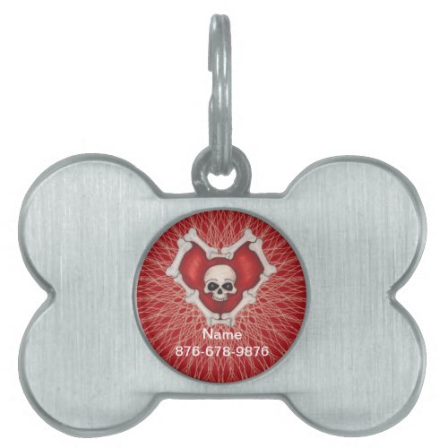 Creepy Red Gothic Heart With Bones Skull on Spiral Pet ID Tag