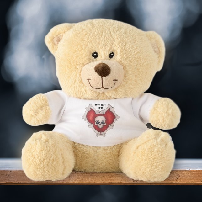 Creepy Red Heart Circled with Bones white Skull Teddy Bear (Cute Teddy bear with red heart of bones skull in the middle on its shirt for Valentines Day.)