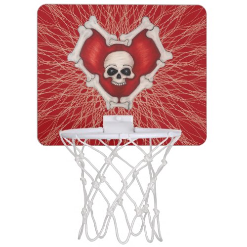 Creepy Red Heart With Bones Skull Spidery Lines Mini Basketball Hoop