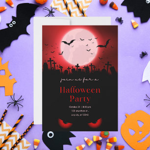 Creepy Red Moon Cemetery Halloween Party Invitation