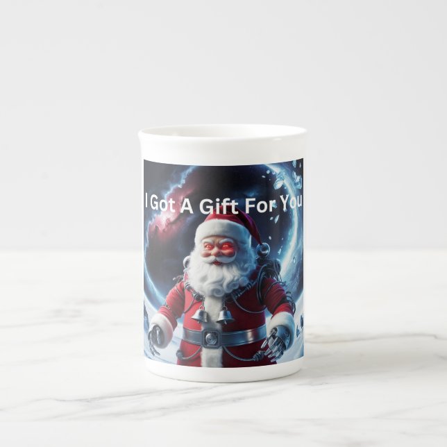 creepy Robot Santa Bone China Mug (Front)