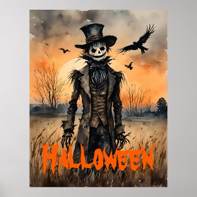 Creepy Scarecrow and Crows Halloween Poster (Front)