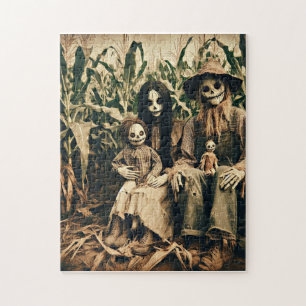 Creepy Scarecrow family in cornfield horror photo Jigsaw Puzzle