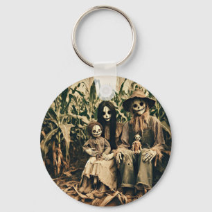 Creepy Scarecrow family in cornfield horror photo Keychain