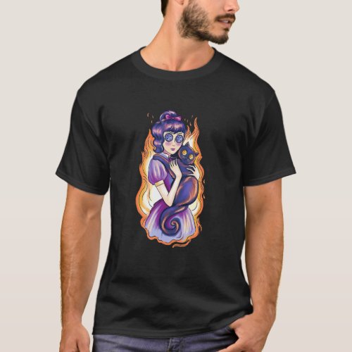 Creepy Scary Girl With Cat T-Shirt