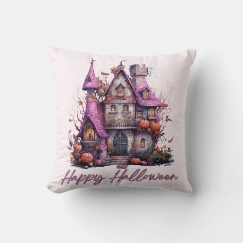 Creepy Scary Haunted House Happy Halloween Throw Pillow