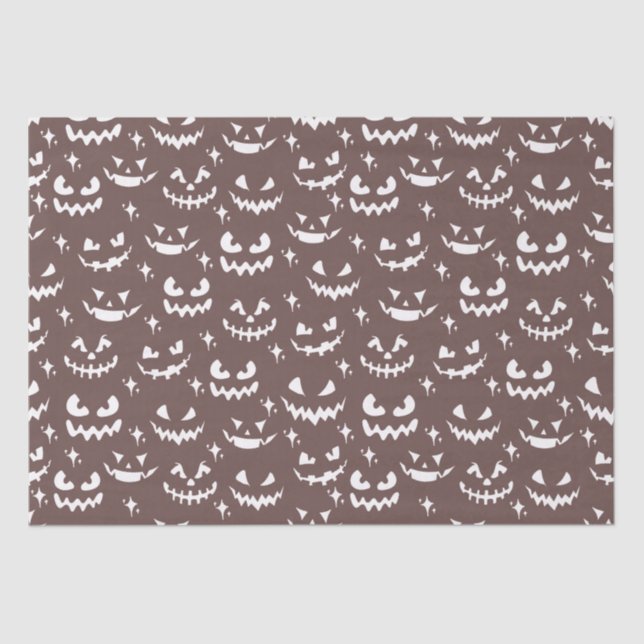 Creepy Scary Jack-O' Lantern Faces Brown Halloween Tissue Paper (Front)